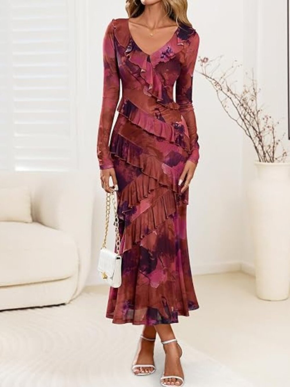Wedding Guest Dresses for Women Fall Long Sleeve Floral Maxi Dress
